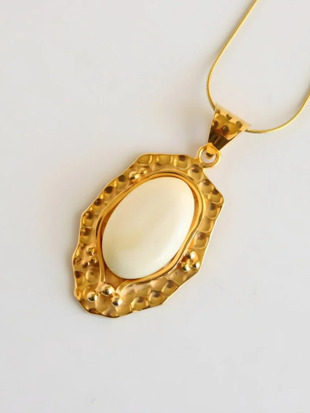 White Baltic Amber Necklace Gold Plated Silver Oval Pendant